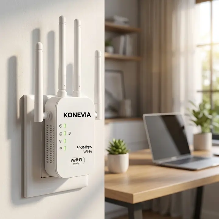 KONEVIA AXIS dengan empat antena eksternal terpasang di stopkontak